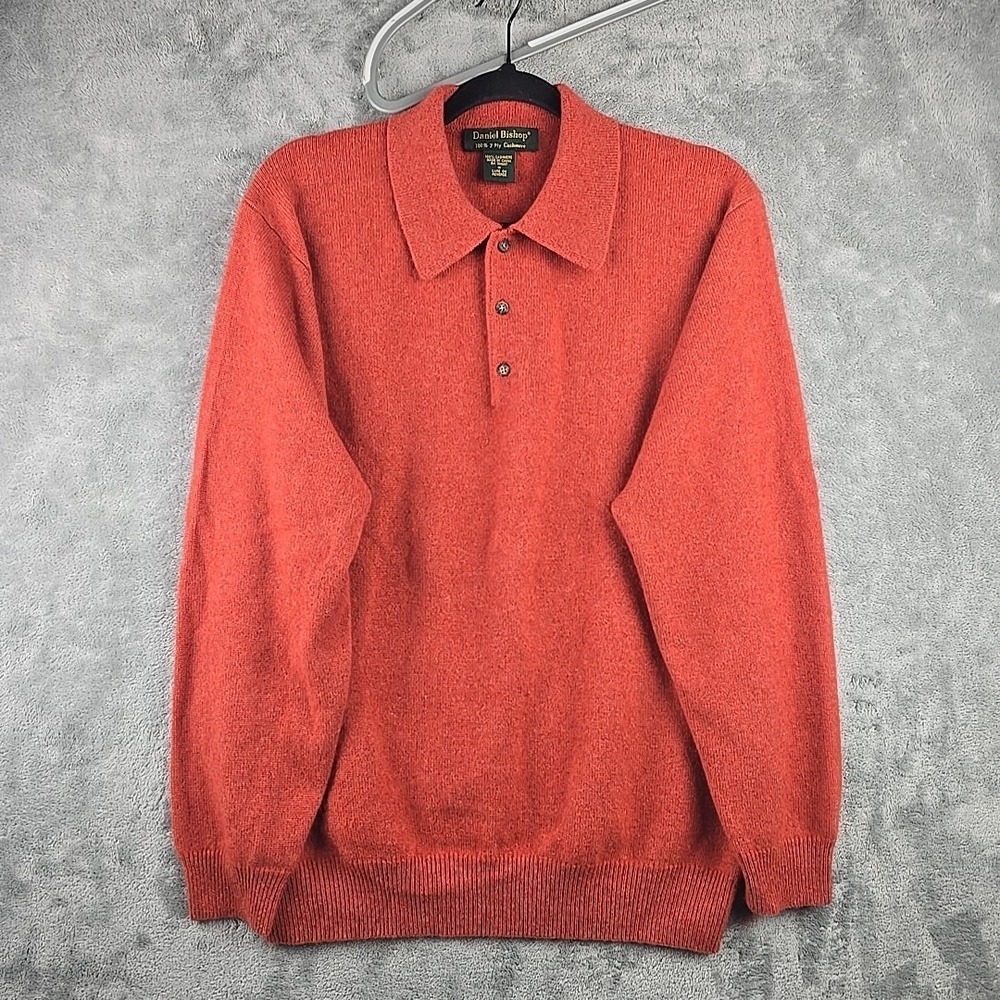 Daniel Bishop Polo Sweater Mens Medium Orange 100% Cashmere Pullover Knit Preppy